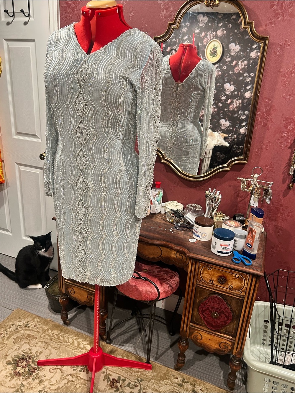 Light blue and silver Beaded Mini Dress with Long Sleeves